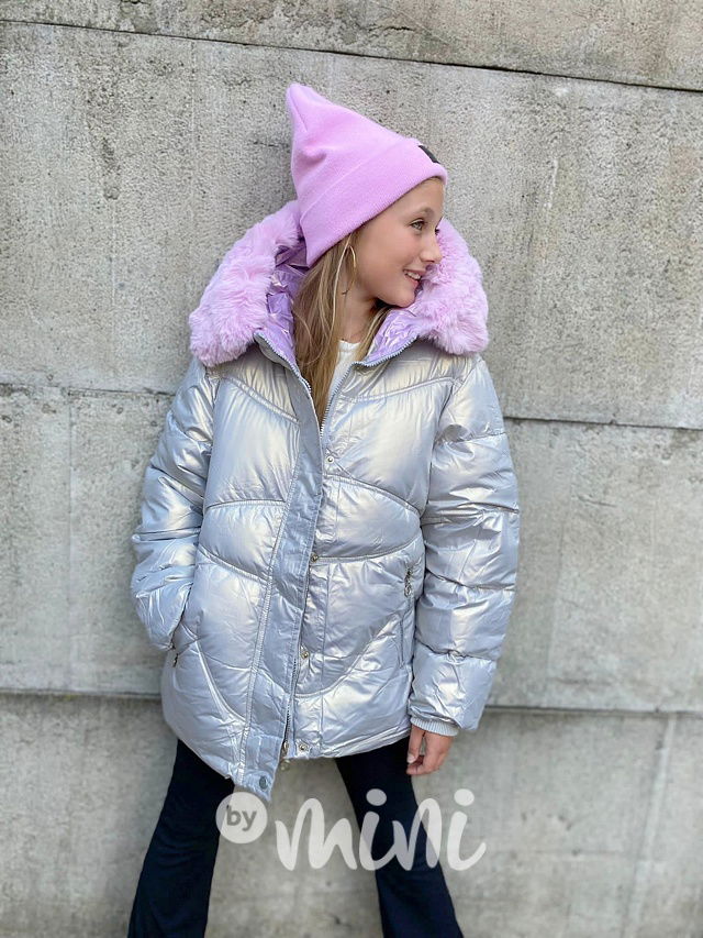 Zimní metalická long bunda silver
