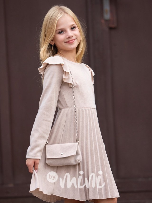 Svetříkové šaty s plisovanou sukní + kabelka beige