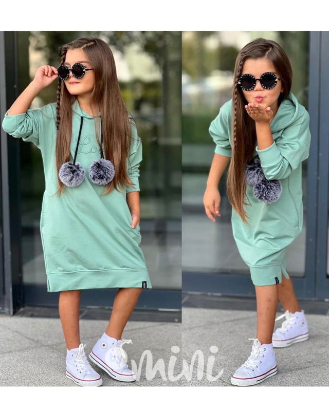 Hoodie mikinové šaty pompon mint