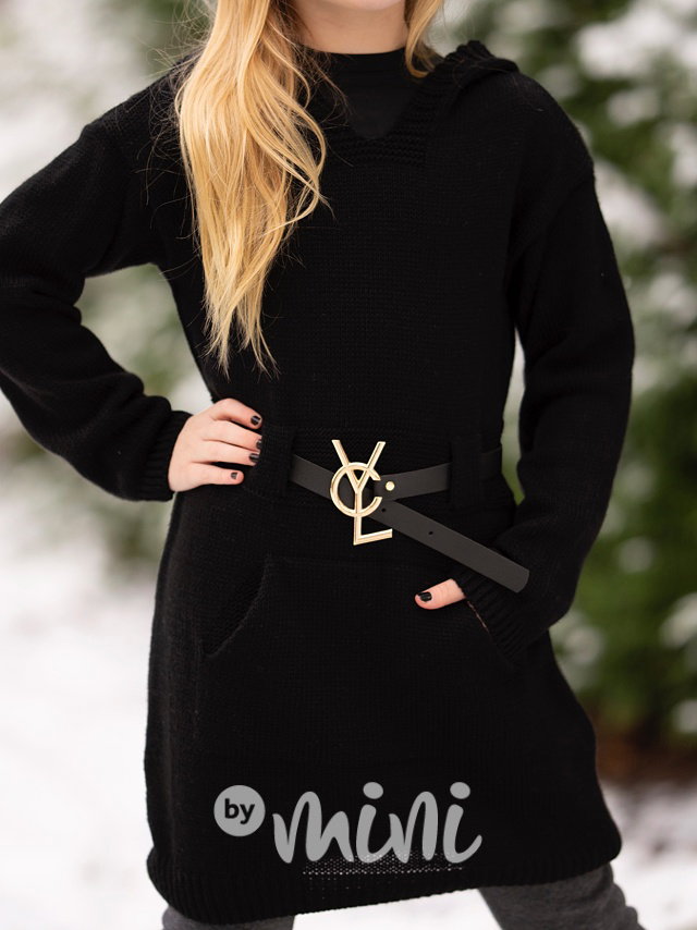 Svetrové hoodie šaty s páskem černé
