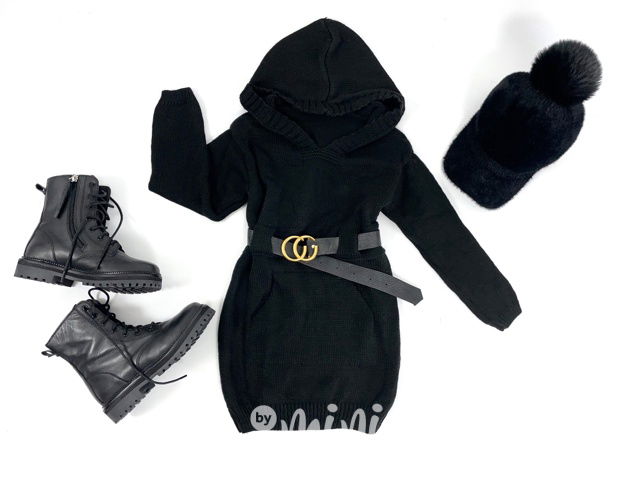 Svetrové hoodie šaty s páskem černé