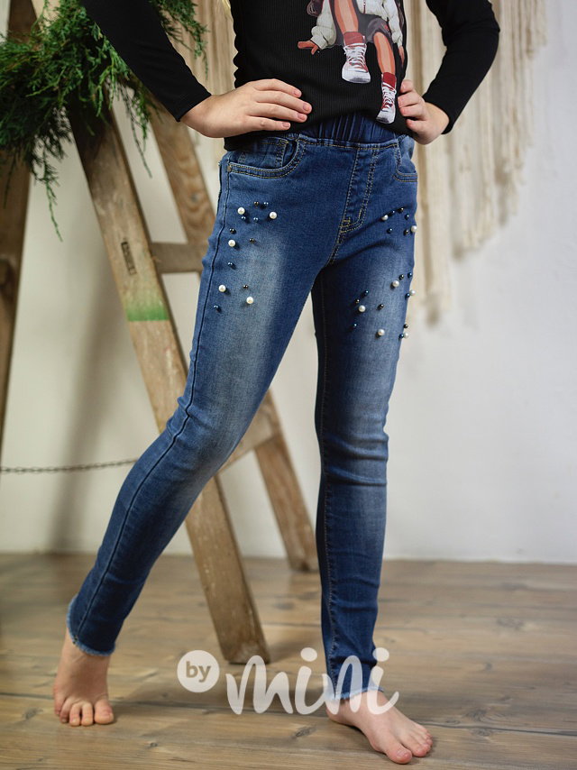 Lehce oteplené jeans jegginy perličky