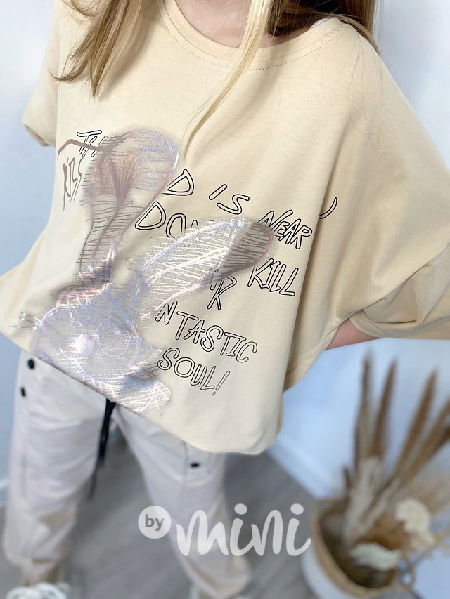 Premium oversize triko metallic bunny beige