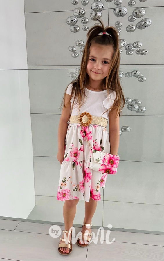 Květované šaty s páskem a kabelkou white/pink