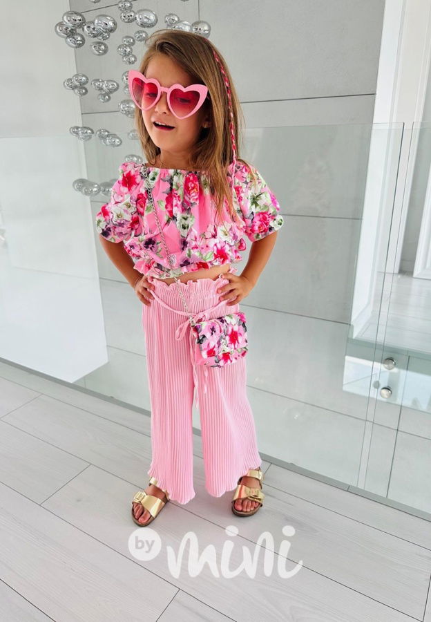Flower blůzka + plisované kalhoty + kabelka pink