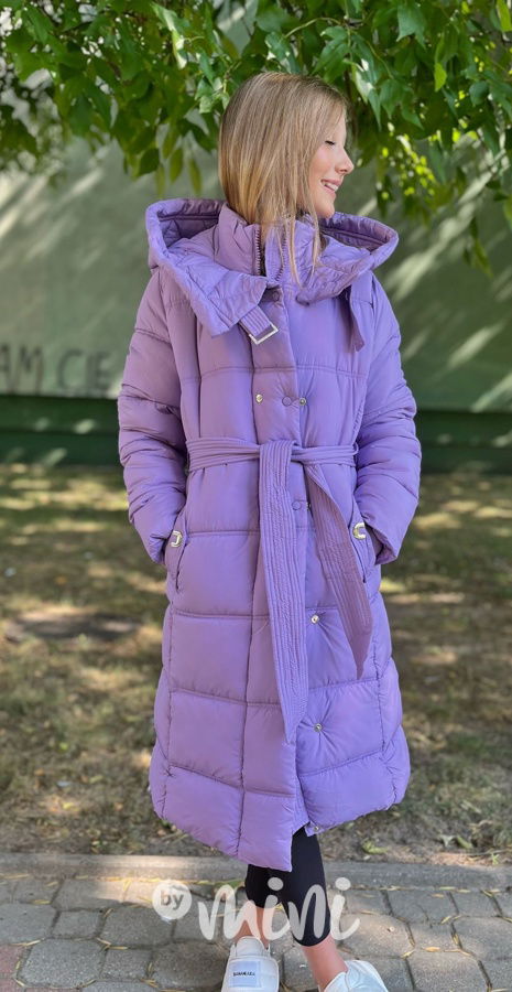 Zimní dlouhý kabát s páskem lila