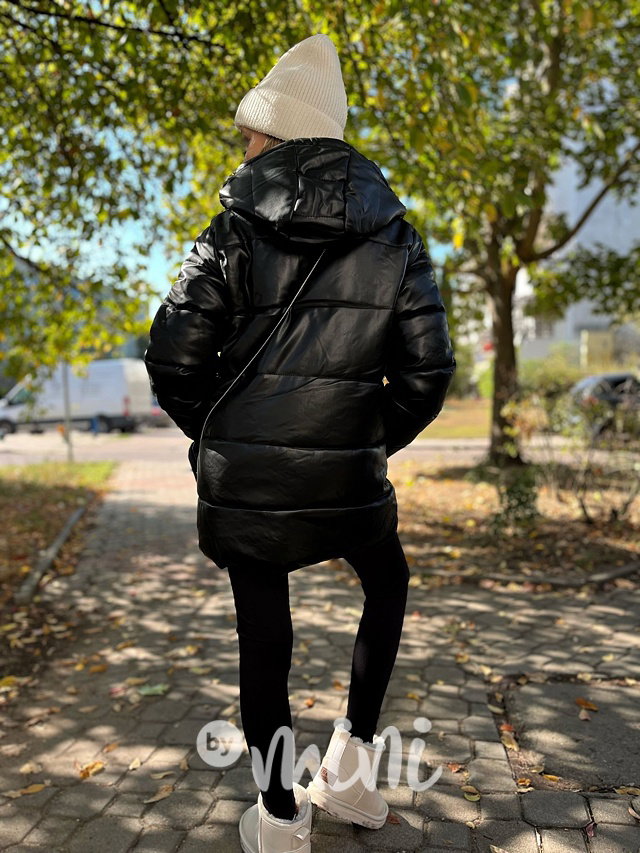 Eco leather zimní bunda s kabelkou černá