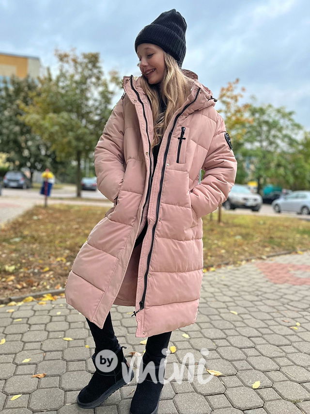 Maxi dlouhý zimní kabát DESIGN růžový