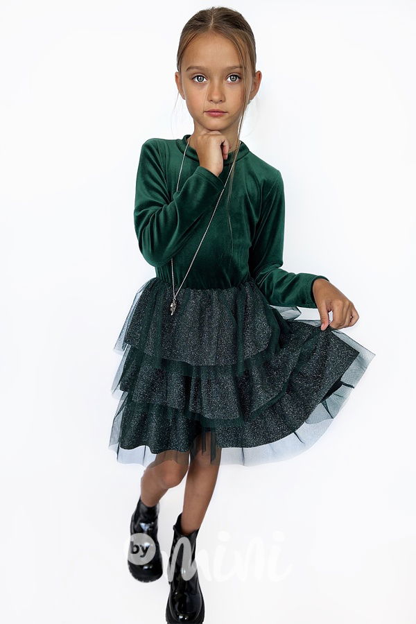 Soft velur tylové šaty s řetízkem smaragd/black