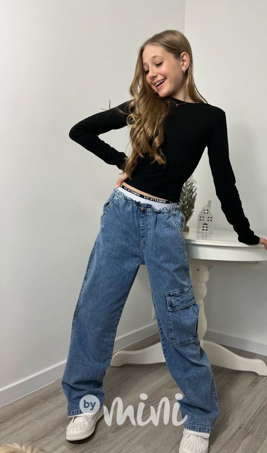 Široké denim kapsáče s elastickým pasem