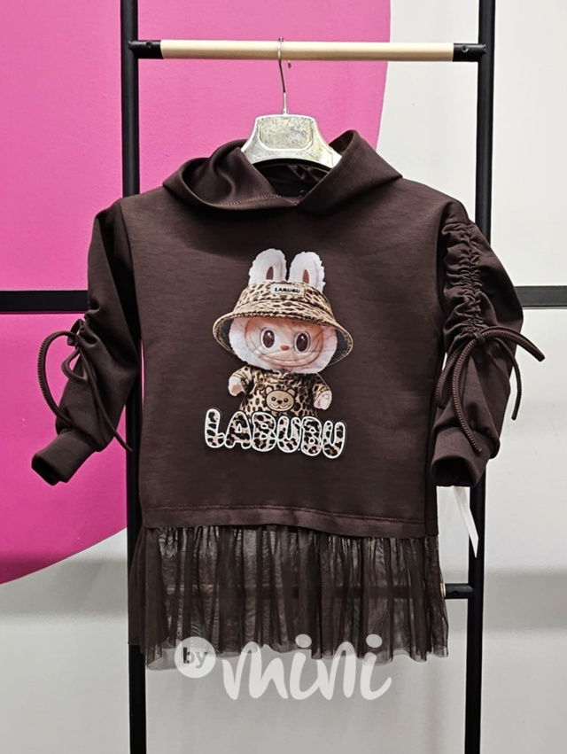 Labubu mikinová hoodie tunika s tylem chocolate