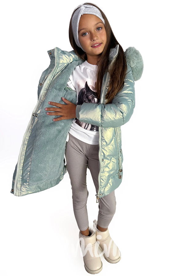 Metalický zimní kabát s kožíškem mint