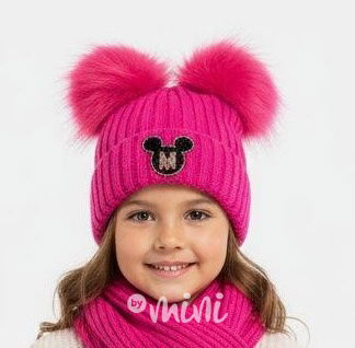 Zimní kulich s pompony + nákrčník PINK