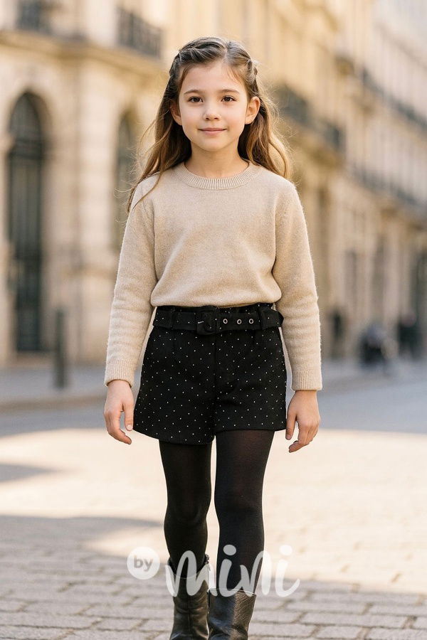 Teplé flauš kraťasy s kamínky a páskem černé