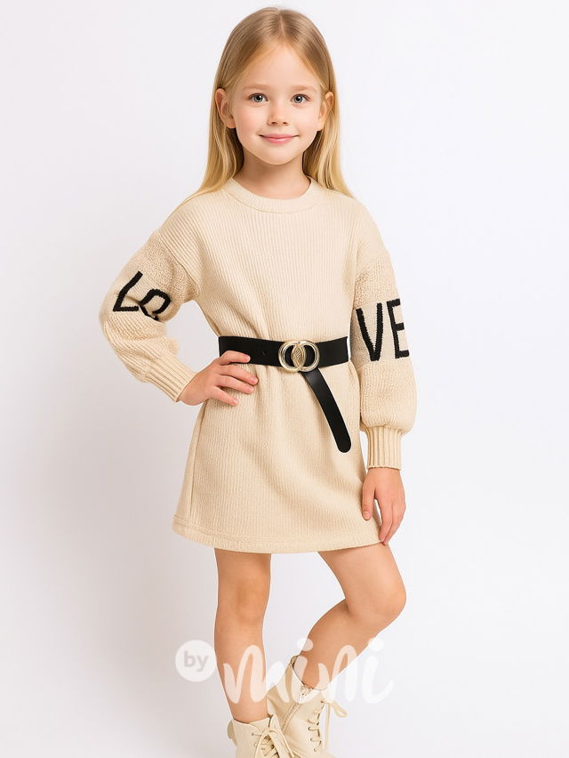 Svetrové šaty s balonovými rukávy a páskem BEIGE