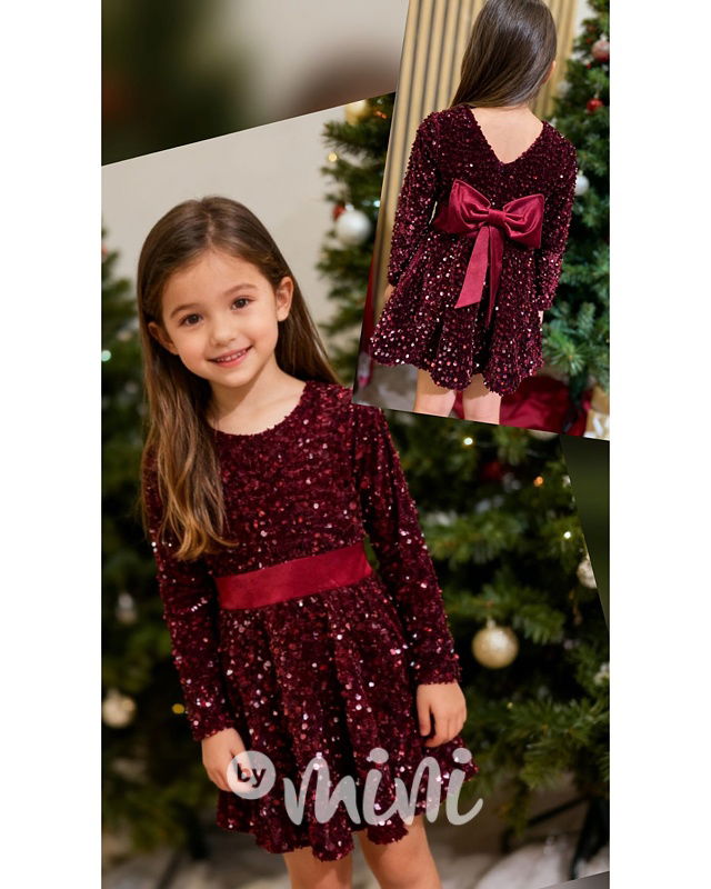 Glamour soft velur šaty s flitry a mašlí BORDO