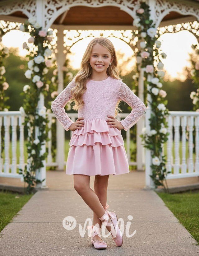 Slavnostní krajkové šaty s mašlí PINK