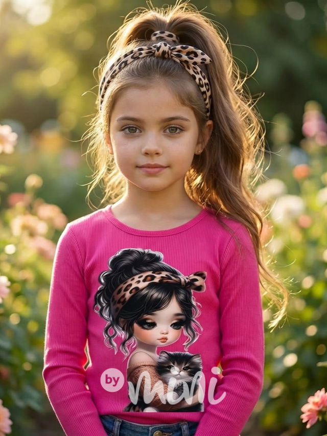 Černá žebrovaná blůzka Girl & Cat malinová