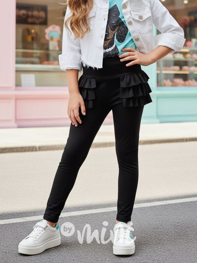 Žebrované legíny s volánky černé