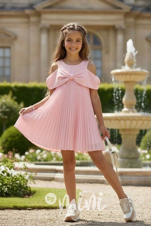 Maxi bow plisované šaty růžové