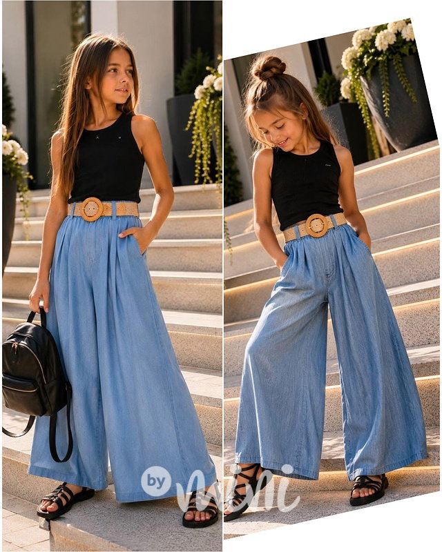 Denim look široké kalhoty s páskem