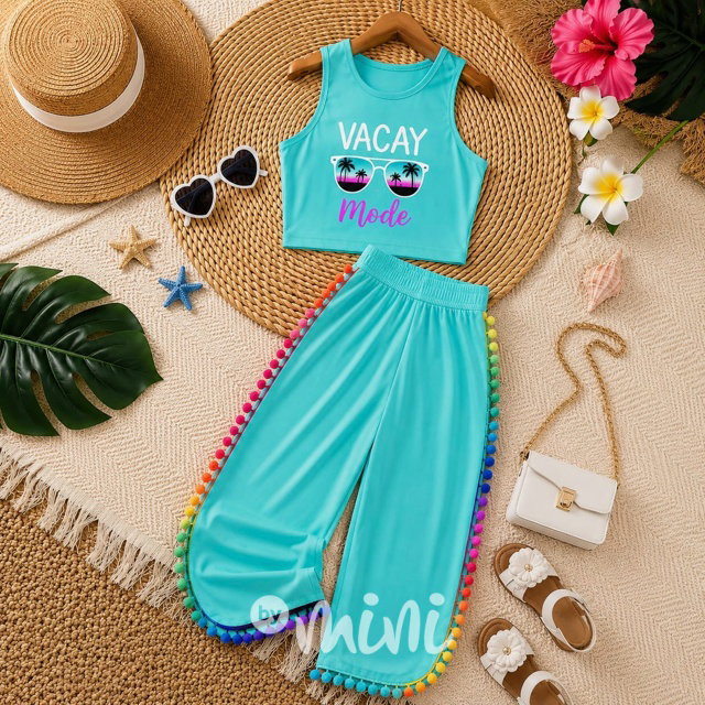 Vacay mode pompon letní beach set tyrkysový