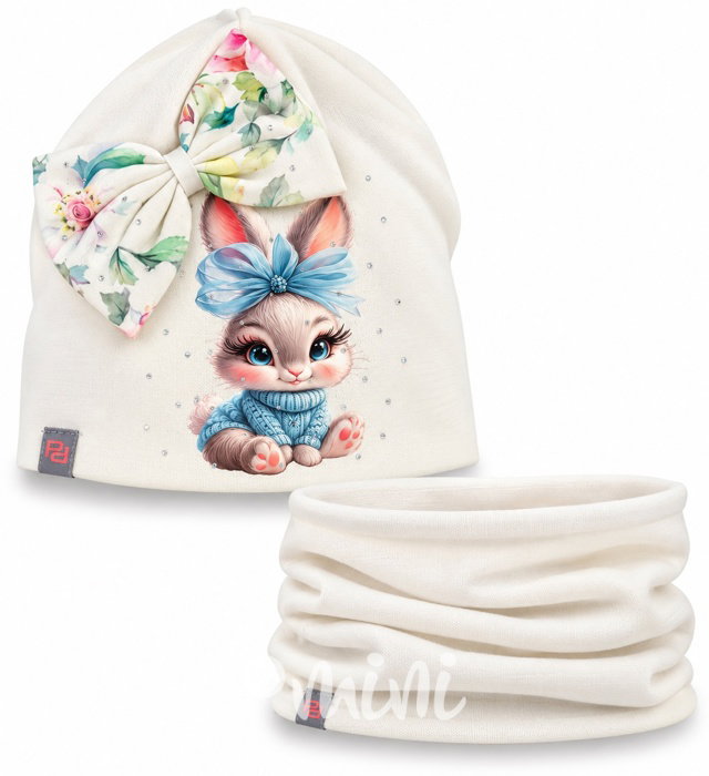 Sweet bunny čepice + nákrčník s kamínky off white