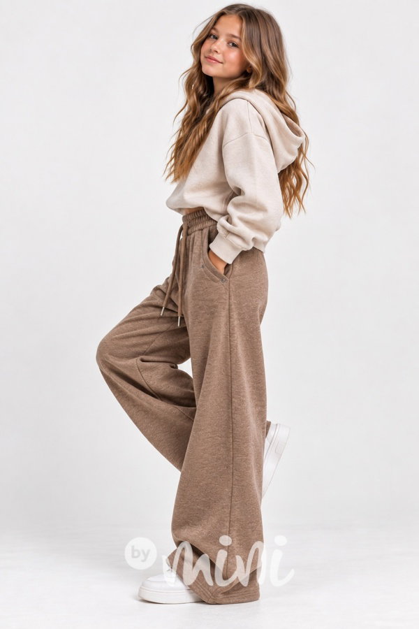 Podzimní teplé široké kalhoty beige melange Palazzo