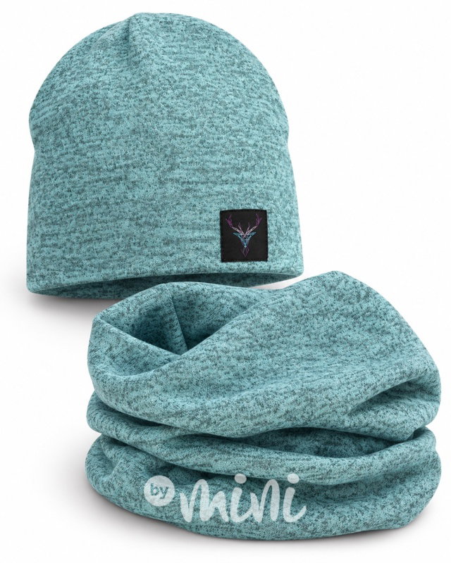 Deer melange beanie čepice + maxi nákrčník tyrkys