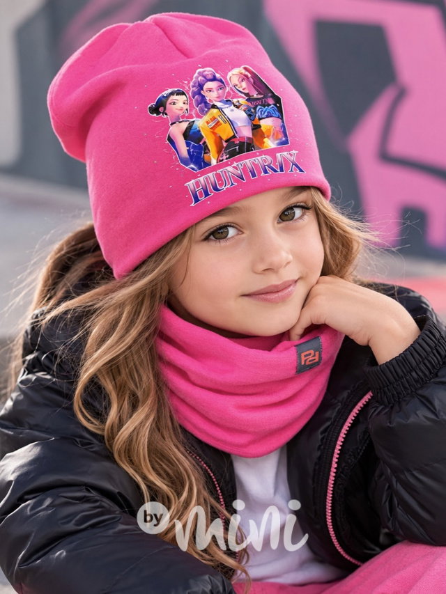 Huntrix čepice s kamínky + nákrčník pink