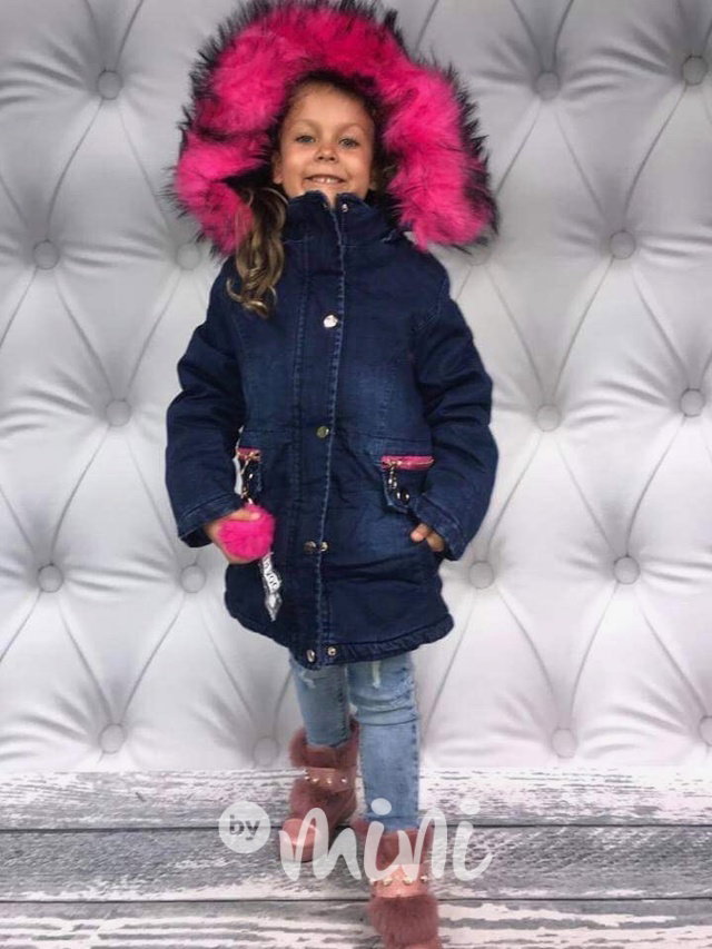 Zimní jeans parka s kožešinkou dark pink