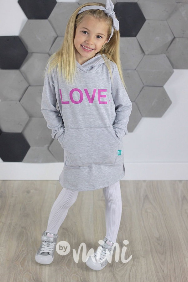 LOVE hoodie dress s kapucí šedá