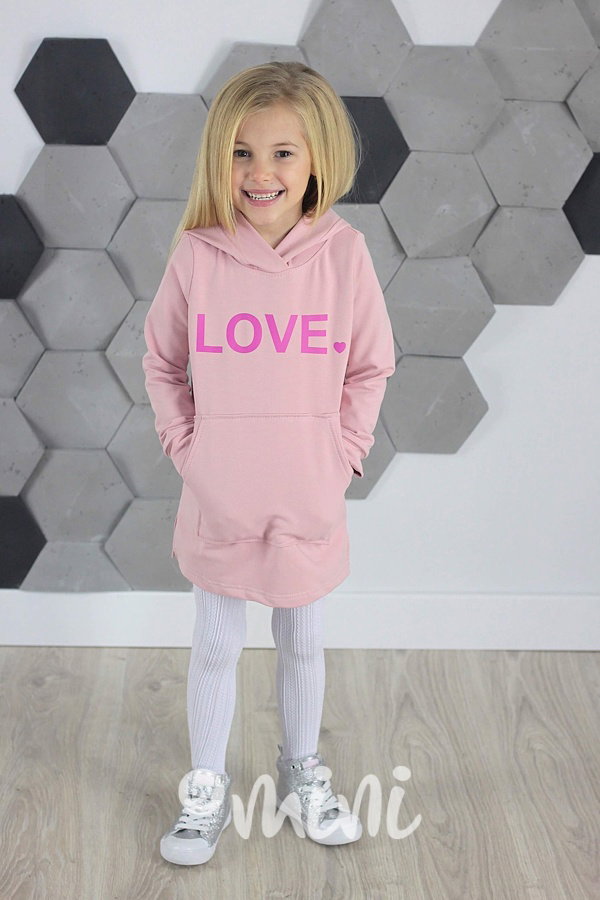 LOVE hoodie dress s kapucí růžová