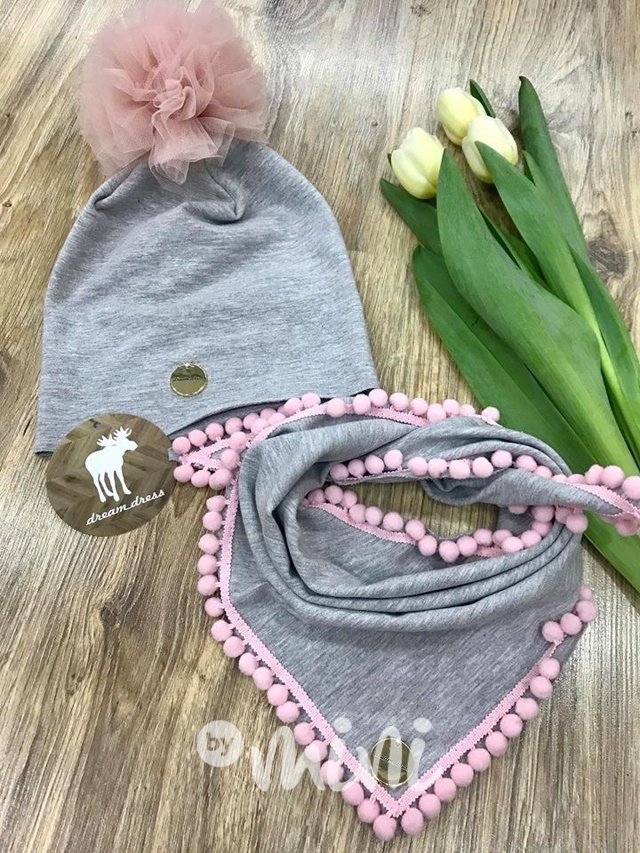 Grey/pink pompon set