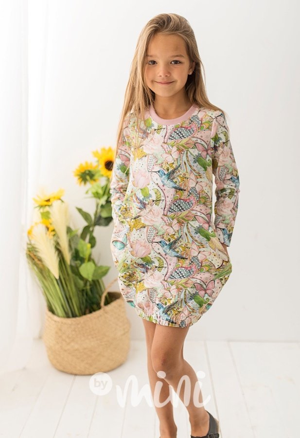 Dětské dívčí šaty s dlouhým rukávem kolibříci