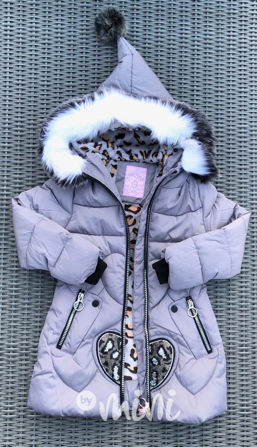 Dívčí šedý zimní kabát se špičatou kapucí