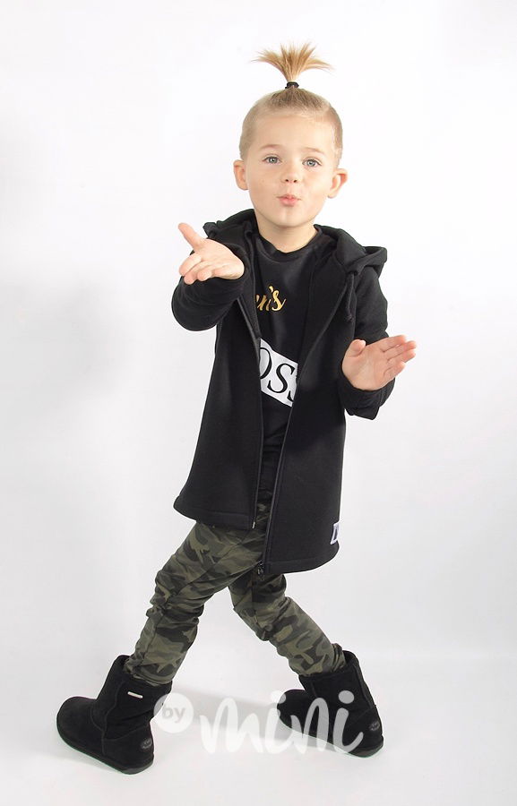 Vyteplená dlouhá chlapecká mikina černá s kapucí s nápisem