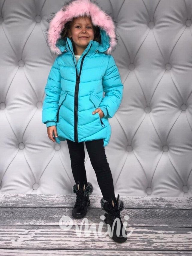Tyrkysový dívčí zimní kabát s kapucí