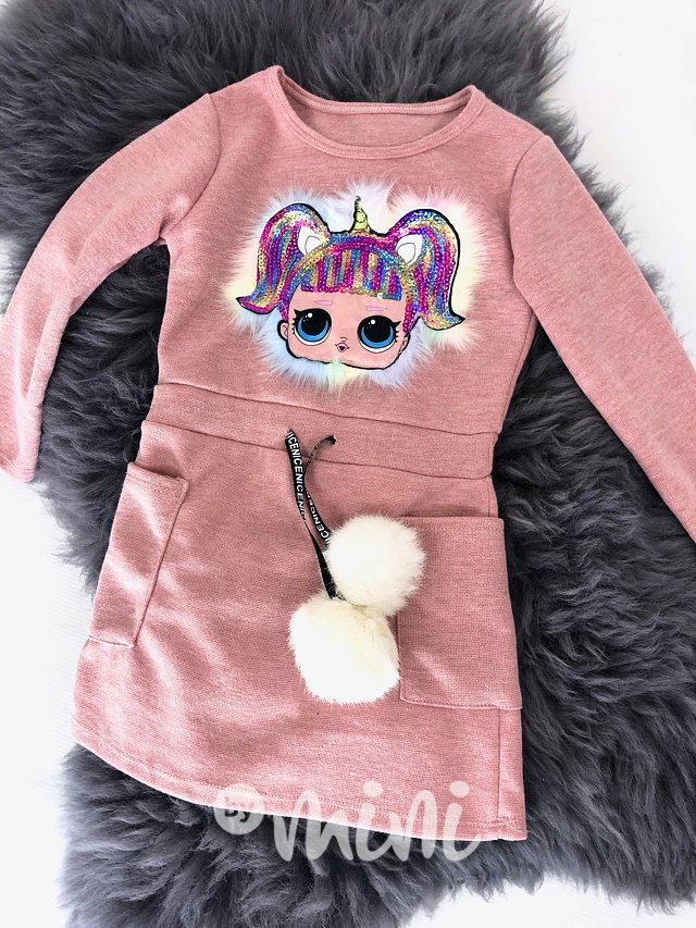 LOL podzimní dětské šaty bambulky - růžové
