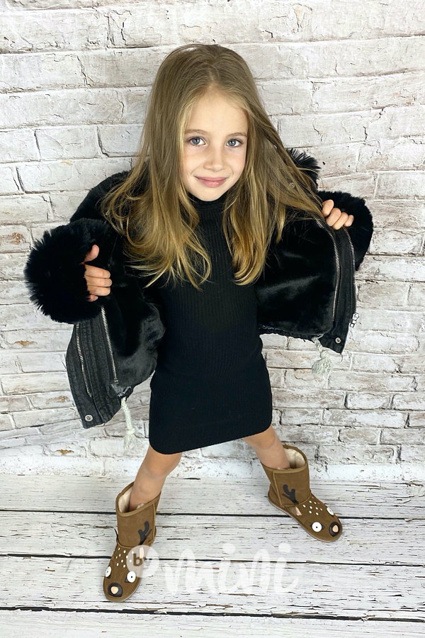 Oversize jeans bunda s kožíškem - černá