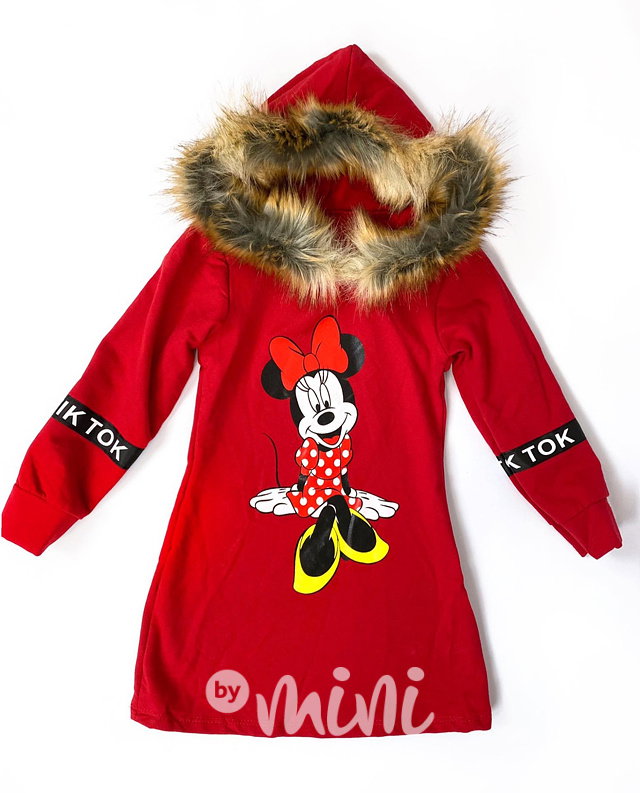 Minnie oteplená hoodie tunika s chloupkem kolem kapuce - červená
