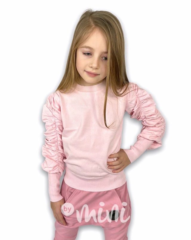 Dětský dívčí svetřík s nařasenými rukávy růžový 
