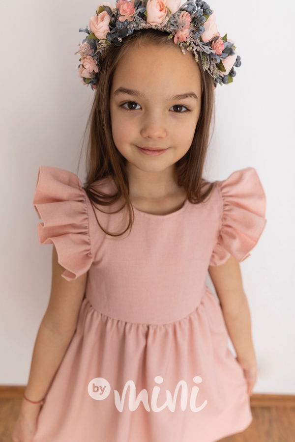 Pudder pink šaty s řasenými rukávy