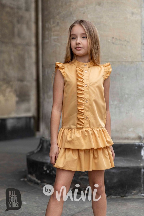 Elegant košilové šaty s volánky mustard *AFK*