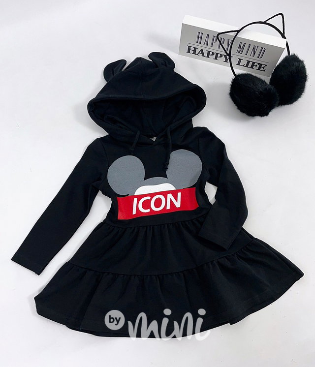 ICON hoodie šaty s ouškama černé