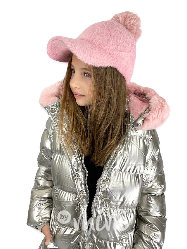 Silver zimní kabát s růžovou kožešinou