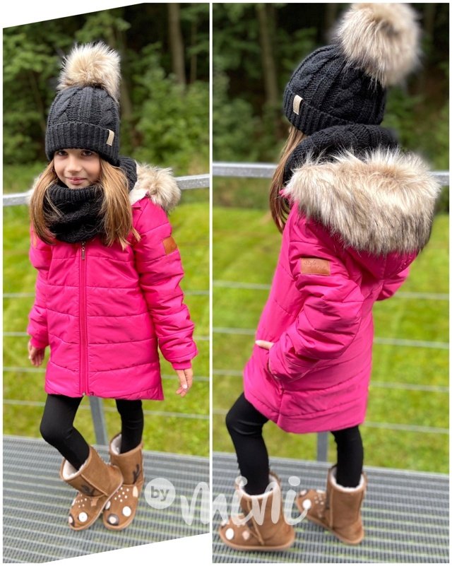 Zimní dlouhá bunda s maxi chlupem - růžová