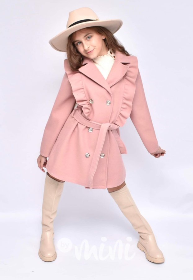 Flaušový kabát s volánky růžový