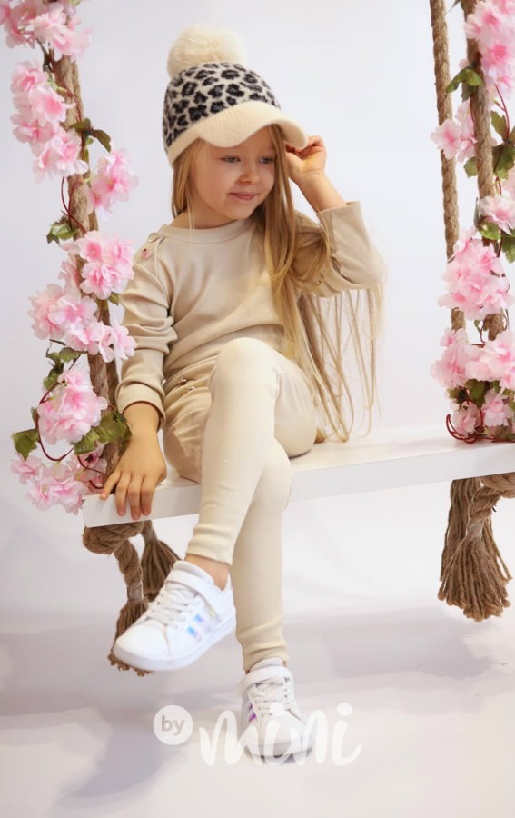 Žebrovaný set s ozdobnými knoflíky beige