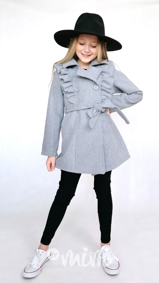 Flaušový kabát s volánky šedý